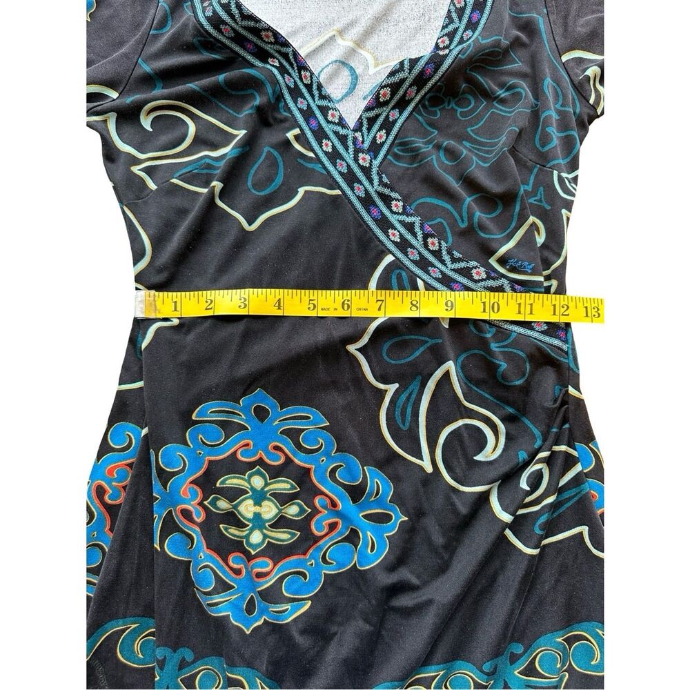 HALE BOB 100% Silk Deep V Neck Patterned Mini Dress Long Bell Sleeves Size XS - Picture 14 of 17